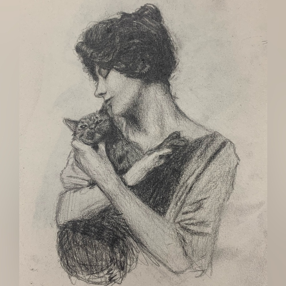 Lady with cat drawing by Harley Rose